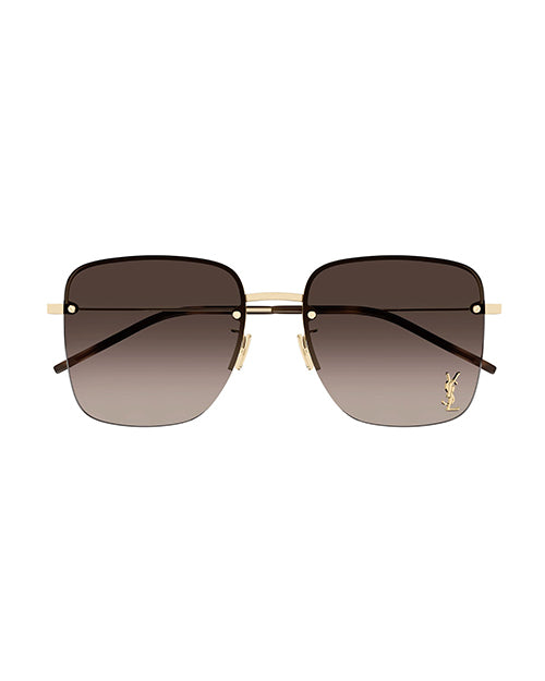 A front view of square frame sunglasses. The frame is gold-toned metal with tortoiseshell tips and brown llenses. On the bottom left lens is an embossed logo of ‘YSL'.