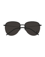 Front view of black aviator-style sunglasses with a thin metal frame and black lenses. The left lens features a small, stylized 'YSL' logo in the bottom corner. 