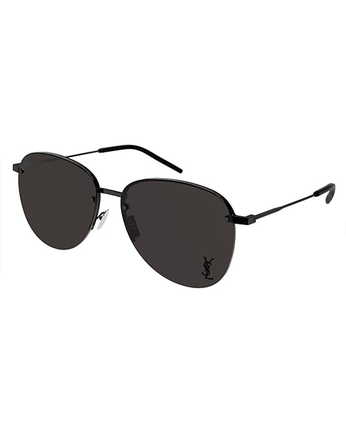 Black aviator-style sunglasses with a thin metal frame and black lenses. The left lens features a small, stylized 'YSL' logo in the bottom corner. 