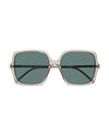 Oversized square-framed sunglasses with a thin silver tone metallic frame and green lenses. 