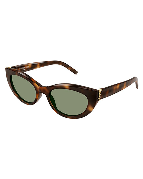 A pair of tortoiseshell sunglasses with a subtle cat-eye shape, and the lenses are green. There is a gold-tone metal logo at the temples.