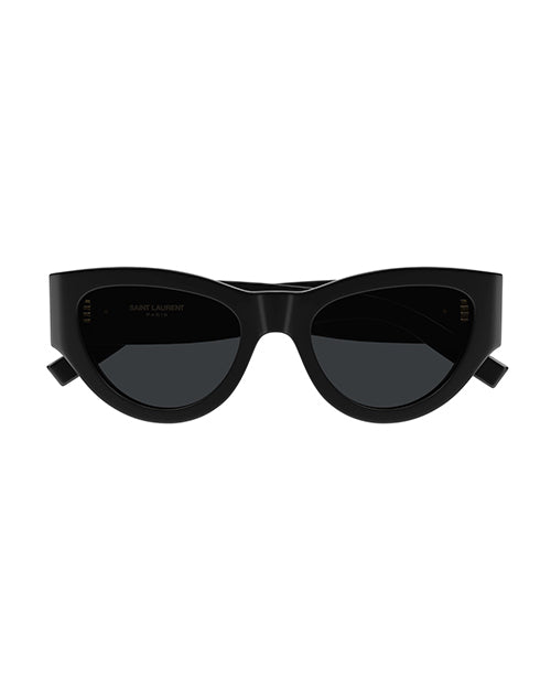 Front view of a pair of black Saint Laurent sunglasses with a classic cat-eye frame design. The lenses are grey, and brand name is subtly on the upper left lens. 