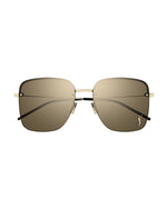 Front view of square-shaped sunglasses with a thin gold frame and gradient brown lenses. The sunglasses feature the logo of Saint Laurent embossed on the bottom right lens.