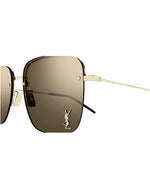 Close-up of the logo of Saint Laurent embossed on the bottom right lens and thin gold frame with black tips.