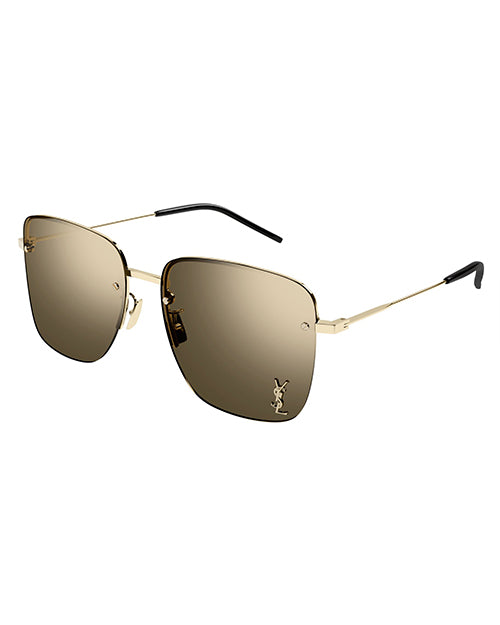 Square-shaped sunglasses with a thin gold frame and gradient brown lenses. The sunglasses feature the logo of Saint Laurent embossed on the bottom right lens. The arms have black tips.