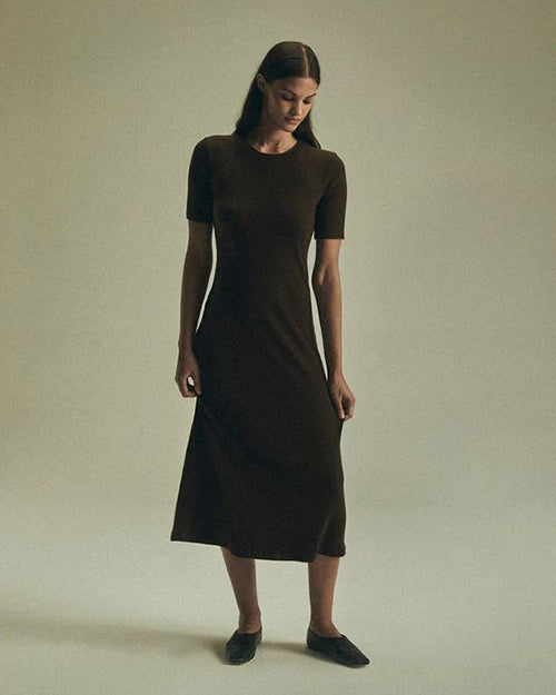 A person wearing espresso color short sleeve midi dress.