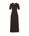 Short sleeve knit midi dress in espresso color on a white background.