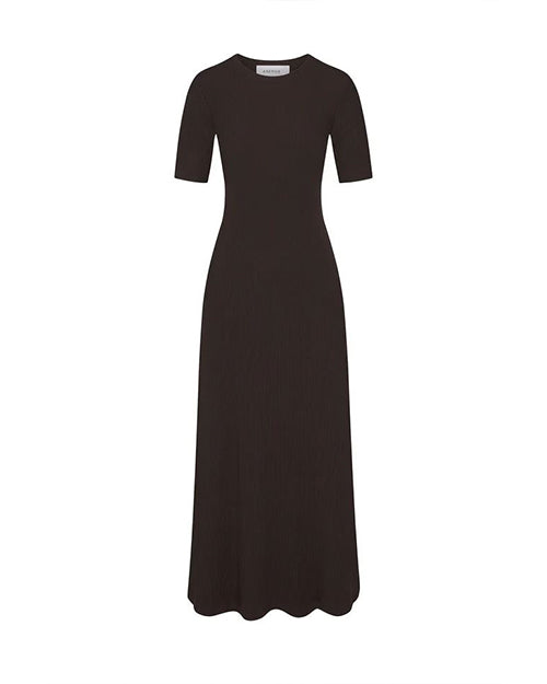 Short sleeve knit midi dress in espresso color on a white background.