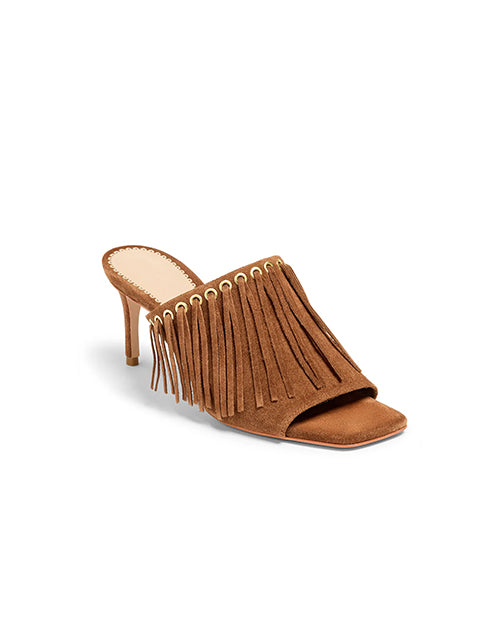 Side view of a brown suede sandal mule with fringe details on a white background