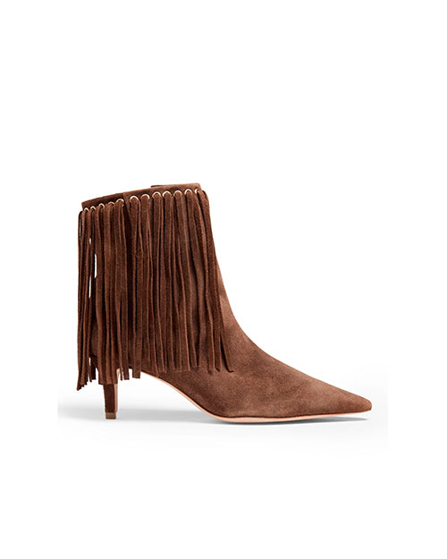 Side view brown suede ankle boot with fringes on a white background