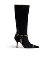 Black knee-high boot with a pointed toe, thin high heel, and decorative contrasting stitching along the top edge, ankle strap, and toe area, featuring a small buckle detail.