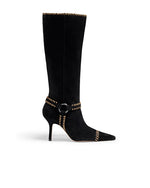 Black knee-high boot with a pointed toe, thin high heel, and decorative contrasting stitching along the top edge, ankle strap, and toe area, featuring a small buckle detail.
