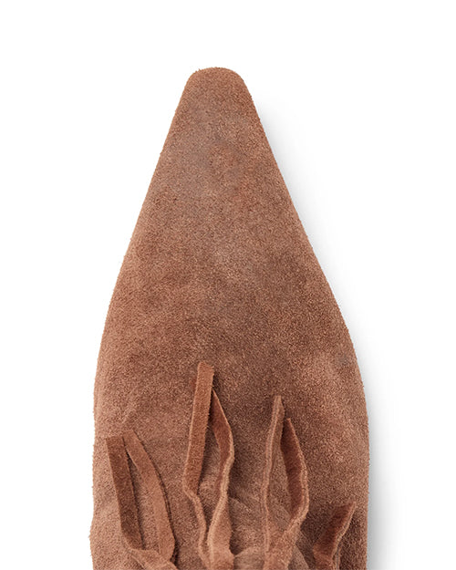 Top view of a brown suede pointed-toe boot with visible texture and decorative fringe detail near the toe area.