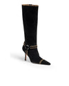 Black knee-high boot with a pointed toe, slim high heel, and contrast stitching along the top, ankle strap, and toe, featuring a small buckle detail.
