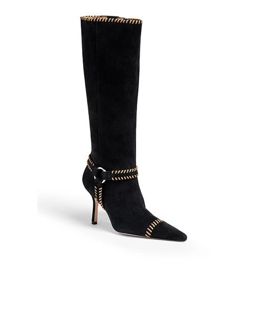 Black knee-high boot with a pointed toe, slim high heel, and contrast stitching along the top, ankle strap, and toe, featuring a small buckle detail.