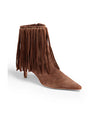 Brown suede ankle boot with pointed toe, low thin heel, and long fringe detailing attached through eyelets around the upper edge