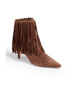 Brown suede ankle boot with pointed toe, low thin heel, and long fringe detailing attached through eyelets around the upper edge