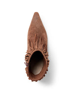 Top view of a brown suede pointed-toe shoe with fringe detailing around the opening and a cushioned insole embossed with the brand name "Cinq a Sept"