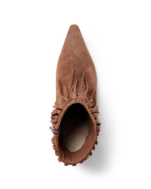 Top view of a brown suede pointed-toe shoe with fringe detailing around the opening and a cushioned insole embossed with the brand name "Cinq a Sept"