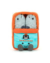 Plush toy shaped like a sardine can with an orange and blue design, featuring the word 'SARDINAS' and a cartoon cat face wearing an orange hat. Two grey sardine plushies with black eyes peek out from the top.