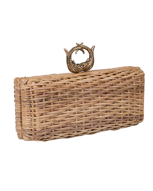 Rectangular woven wicker handbag with a decorative metallic clasp featuring two fish facing each other in an arch shape.