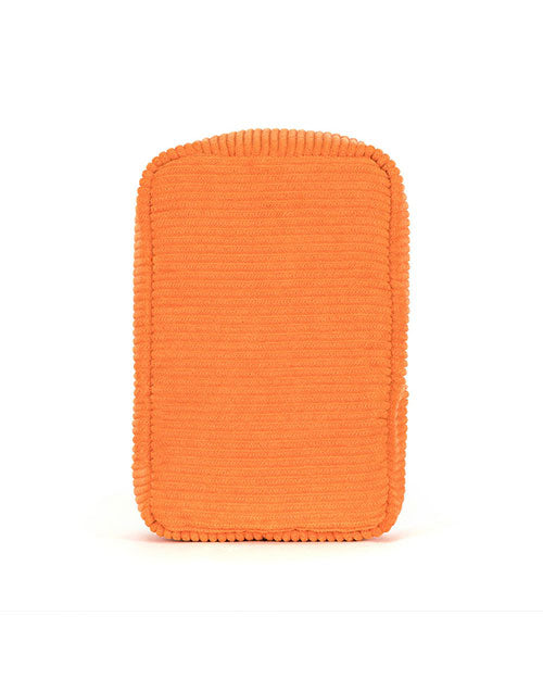 Orange rectangular plush object with rounded corners, ribbed texture, and thicker cord-like edging.