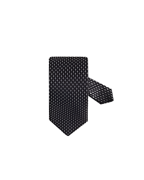 A necktie with a black and gray geometric pattern, featuring small, tightly arranged hexagons. 
