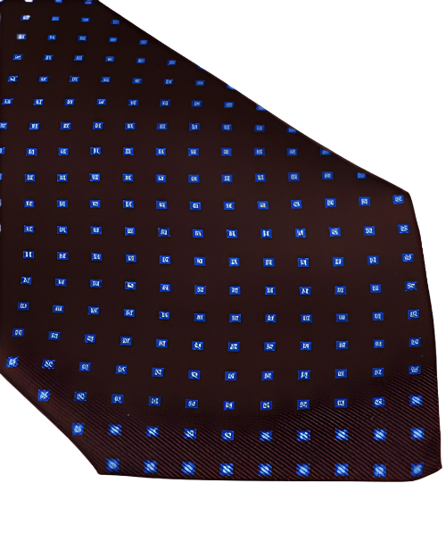 A close-up of a necktie with a brown base color, adorned with a light blue pattern dots.