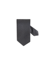 A silk necktie with a black and gray geometric pattern.