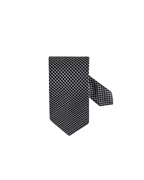 A silk necktie with a black and gray geometric pattern.