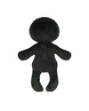 Black plush toy viewed from the back, featuring a large round head, two arms, and two legs, with no visible facial features or clothing.