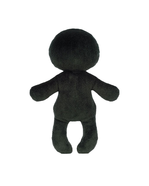 Black plush toy viewed from the back, featuring a large round head, two arms, and two legs, with no visible facial features or clothing.