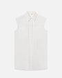 A sleeveless white button-up shirt with a collar. The shirt has small off-white buttons running down the center and two chest pockets.
