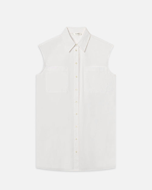 A sleeveless white button-up shirt with a collar. The shirt has small off-white buttons running down the center and two chest pockets.