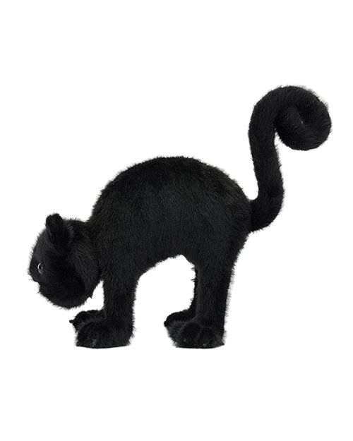 Black plush cat with fluffy fur, arched back, and curled tail, appearing in a startled or defensive posture with forward-facing eyes.