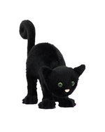 Black plush toy cat with green eyes and a pink nose, posed playfully with an arched back and curled tail.