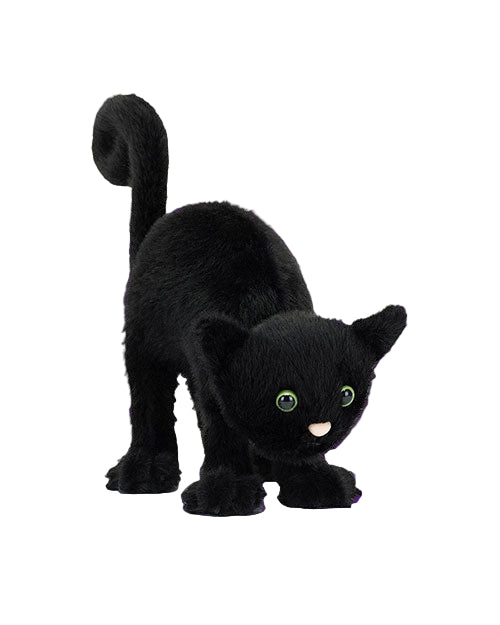 Black plush toy cat with green eyes and a pink nose, posed playfully with an arched back and curled tail.
