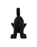 Rear view of a black plush cat with fluffy fur and raised tail, standing on all four legs.