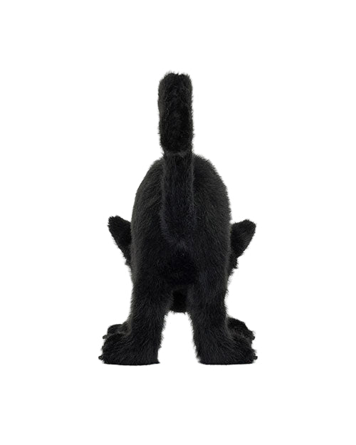 Rear view of a black plush cat with fluffy fur and raised tail, standing on all four legs.