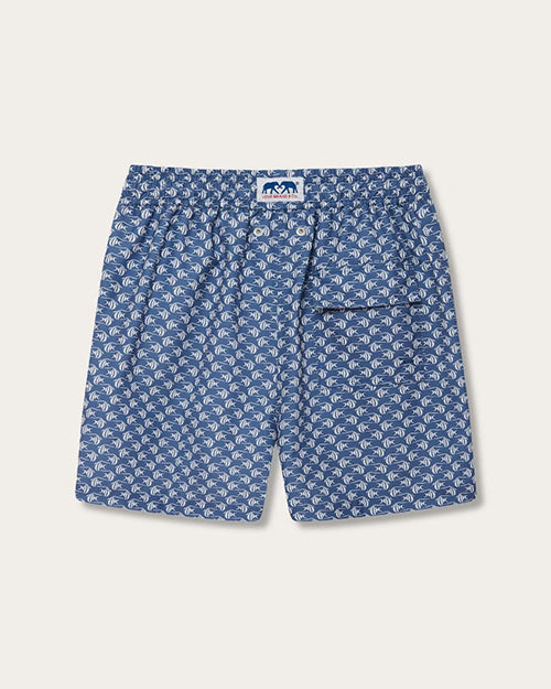 A back view of a pair of blue swim shorts with a drawstring at the waist. The shorts feature an all-over print consisting of small white and light blue motifs and back pocket.