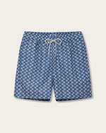 Pair of blue swim shorts with a drawstring at the waist. The shorts feature an all-over print consisting of small white and light blue motifs. 