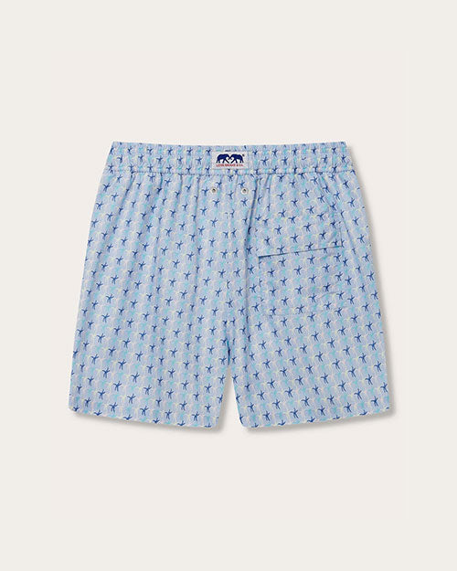 Back view of a pair of light blue shorts with a pattern of blue starfish and a pocket on the right side.