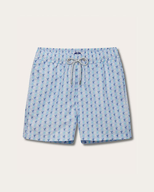 A pair of light blue shorts with a pattern of blue starfish.