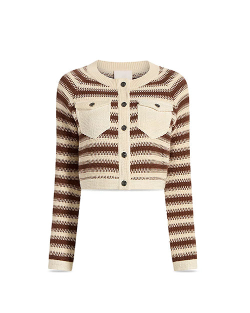 Striped cardigan in brown and ivory with button details on a white background