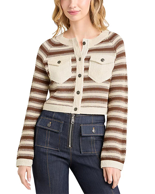 Front view of a person wearing a striped jacket and jeans on a white background
