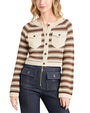 Front view of a person wearing a striped jacket and jeans on a white background