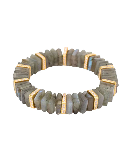 Circular bracelet made of rectangular greyish-green stones, accented with gold-colored spacers embedded with small, clear gemstones.