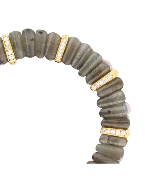 Section of a bracelet featuring gray, semi-translucent rectangular beads, separated by gold spacers adorned with small white gemstones.