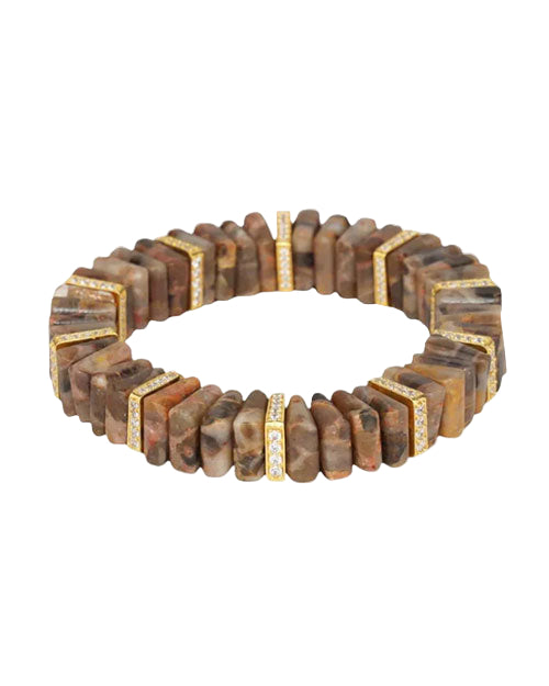 Circular bracelet made of rectangular stone beads in brown and earthy tones, accented with gold-colored spacers adorned with small, clear gemstones.