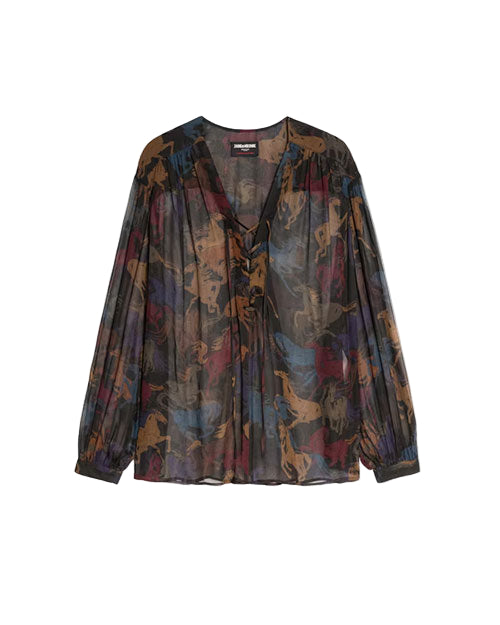 Sheer long-sleeved blouse with a multicolored horse pattern, V-neckline with front ties, gathered shoulders and cuffs, and a visible label inside the collar.